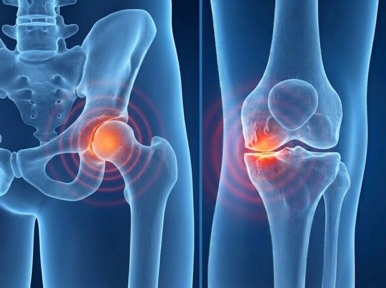 an anatomicalmimage showing hip and knee joint osteoarthritis