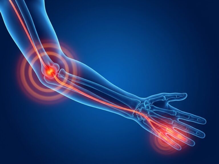 an anatomical image showing the symptoms of cubital tunnel syndrome, within the ulnar nerve territory