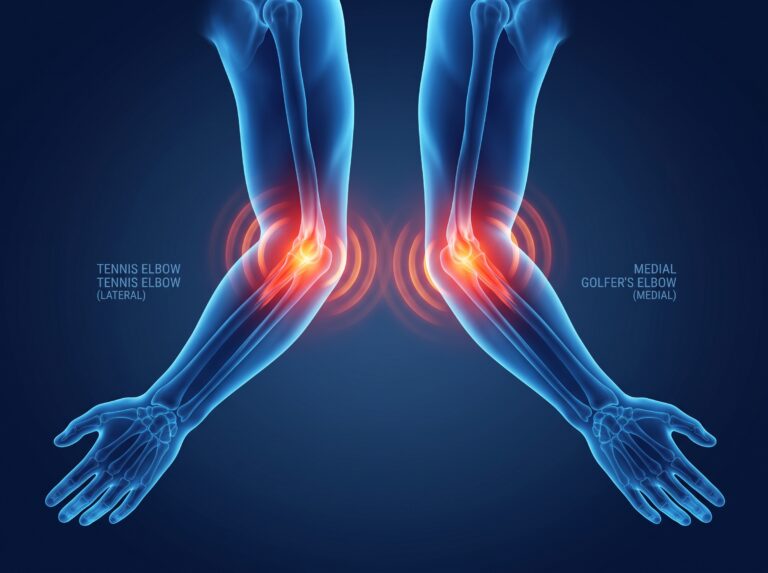 an anatomical image showing tennis and golfers elbow.