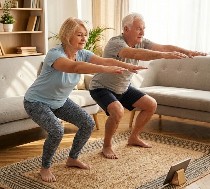an older couple doing a squat exercise