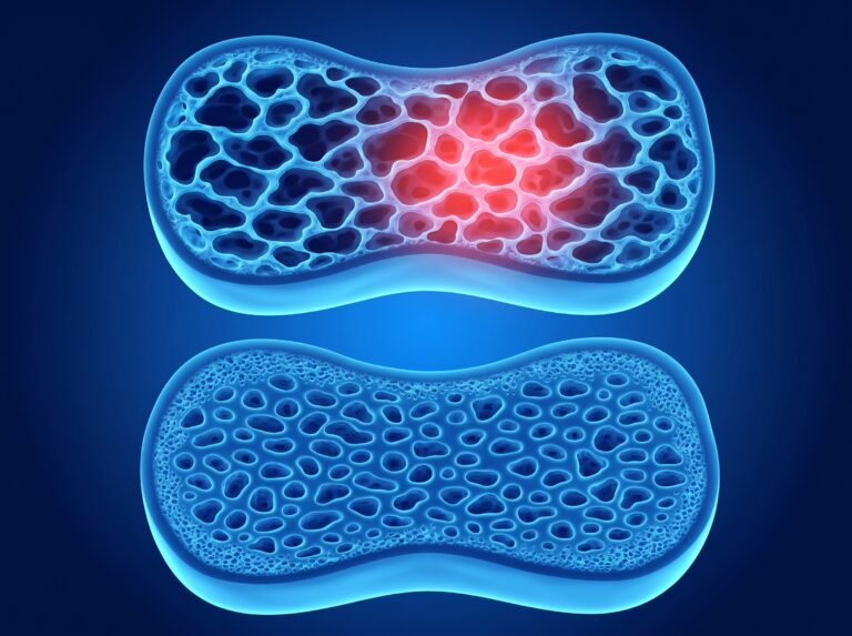 an anatomical image showing osteoporosis compared to healthy bone