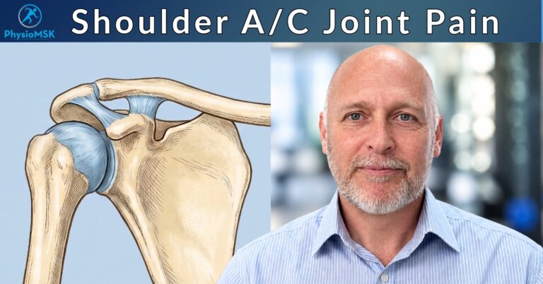 Illustration of AC joint (acromioclavicular joint) shoulder anatomy, with specialist MSK physiotherapist Stephen Bunting