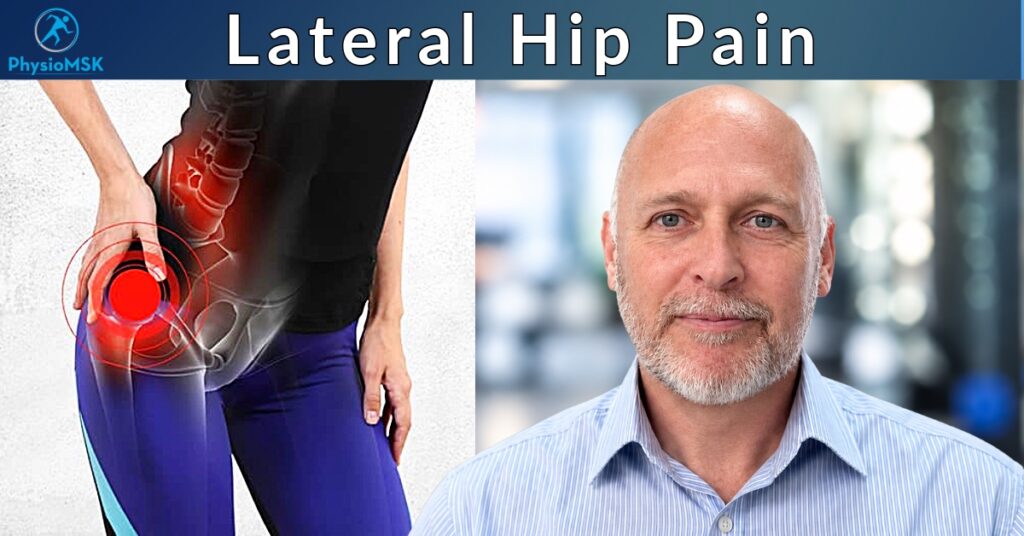 Illustration of greater trochanteric pain syndrome (GTPS) and lateral hip pain anatomy, with specialist MSK physiotherapist Stephen Bunting