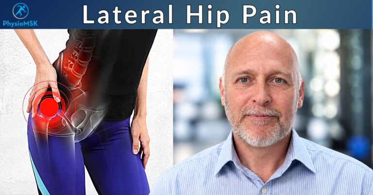Illustration of greater trochanteric pain syndrome (GTPS) and lateral hip pain anatomy, with specialist MSK physiotherapist Stephen Bunting