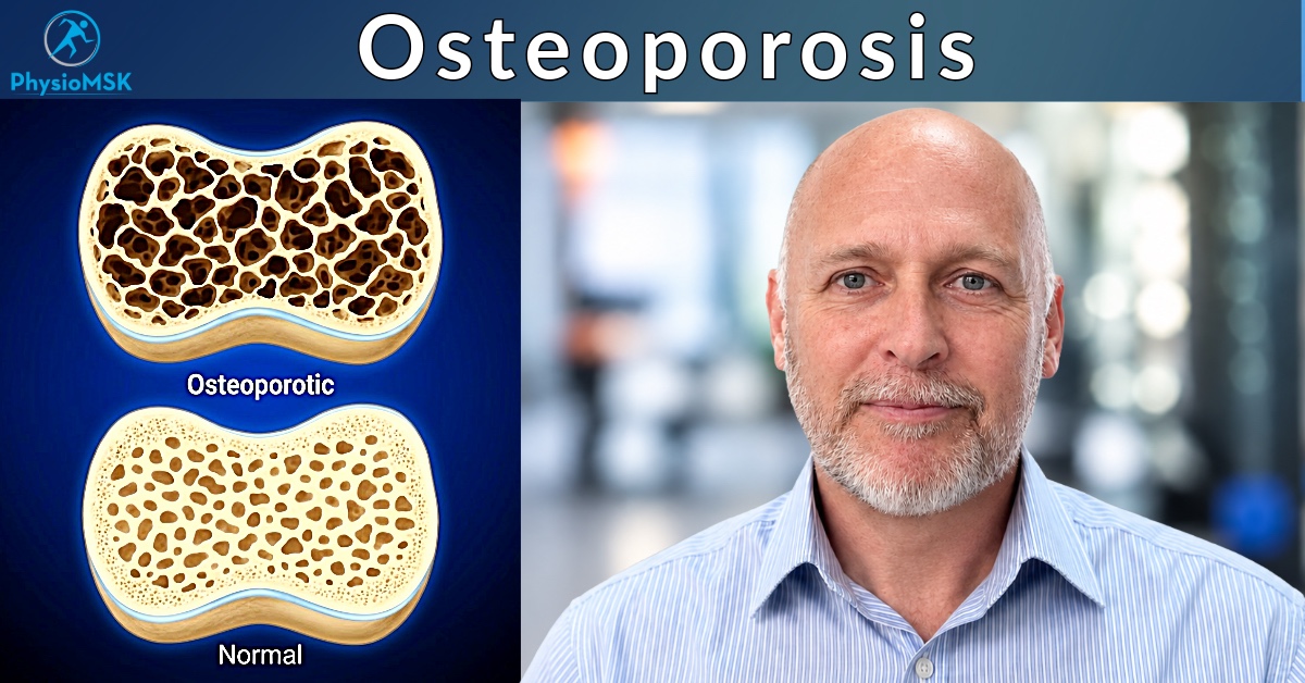 Illustration of osteoporosis (low bone density) anatomy of the spine, with specialist MSK physiotherapist Stephen Bunting