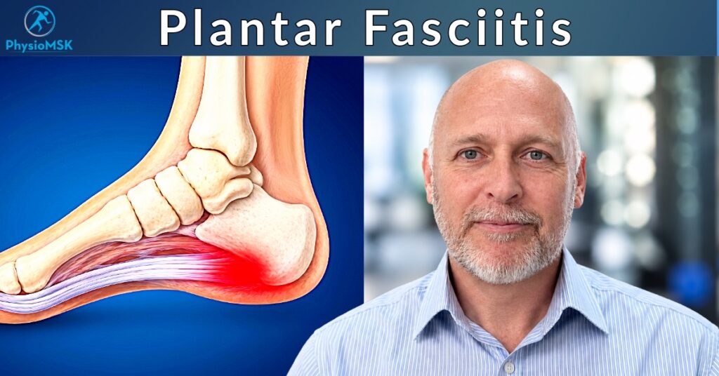 Illustration of plantar fasciitis pain area (heel pain) and anatomy, with specialist MSK physiotherapist Stephen Bunting