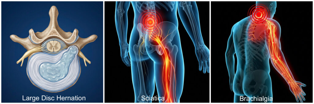 large disc herniation showing sciatica and cervical radiculopathy