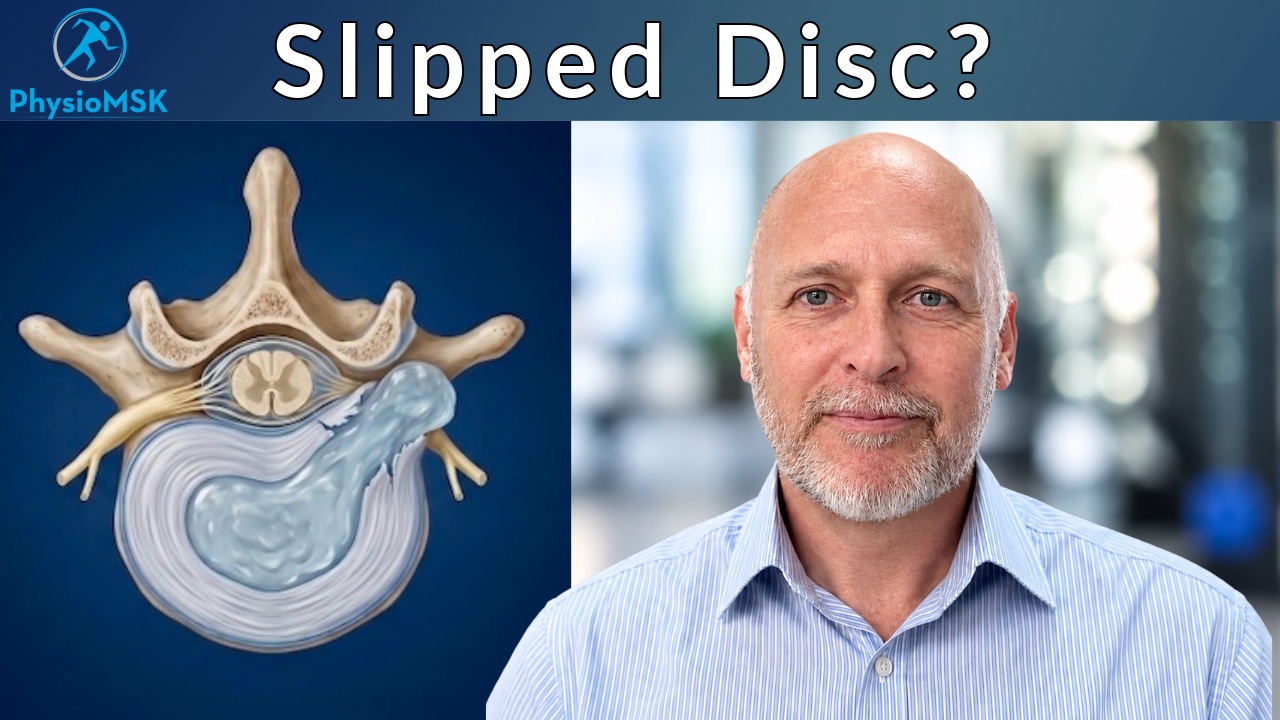 Illustration showing a disc herniation (slipped disc), with specialist MSK physiotherapist Stephen Bunting